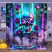 baratos Cortinas de Banho-cortina de chuveiro de halloween com ganchos para banheiro cortina de chuveiro de caveira conjunto de decoração de banheiro poliéster à prova d&#039;água pacote com 12 ganchos de plástico cabeças de