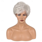 cheap Older Wigs-Synthetic Wig Straight Asymmetrical Wig Short Silver Synthetic Hair Women&#039;s Fashionable Design Soft Natural Silver