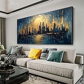 お買い得  風景画-キャンバスに描かれた手作りのオリジナル都市建築油絵。抽象的なテクスチャの都市建築の壁アート。室内装飾用。枠付き/内枠なし。