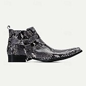cheap Premium Leather Boots-Men&#039;s Premium Cowhide Leather Ankle Boots with Snakeskin Pattern – Stylish Western Motorcycle Boots for Biker Events and Casual Wear