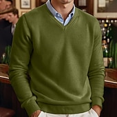 billiga tröja för män-Herr Klänning tröja Pullover tröja Ribbad Sticka Vanliga toppar Stickat Slimmad passform Slät V-hals Modernt Modernt Xmas Arbete Kläder Vinter Gul Blå S M L