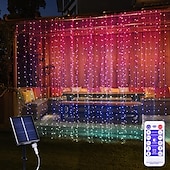 abordables Guirlandes solaires-Rideau lumineux solaire d&#039;extérieur avec télécommande, 8 modes d&#039;éclairage, guirlande lumineuse 3 x 3 m, 300 LED, étanche IP65, pour Noël, fête, mariage, maison, jardin, mur, salon, chambre à coucher,