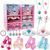 זול Party Supplies-סט נעלי התלבשות נסיכות, נעלי בית, שרשרת ועגילים - מתנת יום הולדת לילדות, משחק משפחתי, קופסת תכשיטי צעצוע להעמיד פנים - מושלם למשחק דמיון והבעה יצירתית