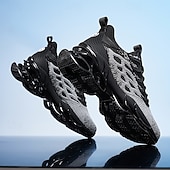 cheap Men's Running Shoes-Men's Blue Athletic Sneakers with Unique Hollow Sole Design, Breathable Knit Upper, and Flame Detail – Lightweight Running Shoes with Orange Accents