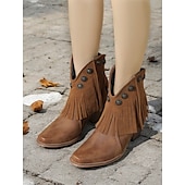 abordables Cowboy y botas occidentales-Botines estilo western con flecos negros y detalles tachonados para mujer: botines de vaquera de estilo vintage para uso informal y festivo