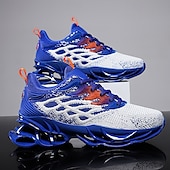 cheap Men's Running Shoes-Men's Blue Athletic Sneakers with Unique Hollow Sole Design, Breathable Knit Upper, and Flame Detail – Lightweight Running Shoes with Orange Accents