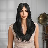 abordables Perruques Synthétiques Sans Bonnet-Perruque Synthétique Droit Droit crépu Coupe Droite Avec Frange Fabriqué à la machine Perruque 22 pouces Noir Cheveux Synthétiques Femme Mignon Cosplay Soirée Nature Noir