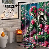 baratos Cortinas de Banho-cortina de chuveiro de halloween com ganchos para banheiro cortina de chuveiro de caveira conjunto de decoração de banheiro poliéster à prova d&#039;água pacote com 12 ganchos de plástico cabeças de