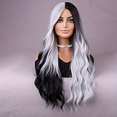 economico Parrucche da festa-lunga parrucca doppia nera e bianca una parrucca bianca con capelli sintetici resistenti al calore nella parte centrale di una parrucca da festa cosplay
