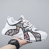 cheap Men&#039;s Sneakers-Men&#039;s White Athletic Sneakers with Tribal Print and Mesh Upper – Lightweight Running Shoes for Sports and Casual Wear