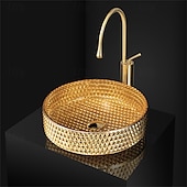 abordables Lavabos de cubeta-Combinación de lavabo de baño redondo, lavabo de baño de vidrio enchapado contemporáneo y grifo de cascada con acabado cromado