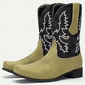 levne Cowboy &amp; Western Boots-pánské zelenočerné westernové kovbojské boty z umělého semiše s vyšívaným designem - klasické boty ve vintage stylu pro rodeo a outdoorové nošení