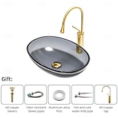 cheap Vessel Sinks-Bathroom Vessel Sink Tempered Glass Wash Basin Bowl Above Counter Art Vessel Sink with Water Drop Faucets and Pop-Up Drain