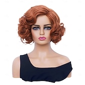 economico Parrucche storiche-Parrucca corta ondulata per donne capelli ricci parrucca sintetica naturale con divisione centrale parrucca piena adatta per cosplay carnevale uso quotidiano parrucche di Halloween