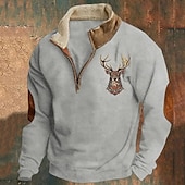 abordables Sweat-shirts basiques-Sweat-shirt de chasse au cerf pour hommes, pull à manches longues et demi-zip, hauts d&#039;hiver vintage avec col montant, demi-zip, imprimé renne, coupe ample, streetwear quotidien, polaire fine, vêtements d&#039;automne et d&#039;hiver