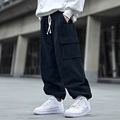 abordables Pantalons Cargo-Homme Pantalon Cargo Pantalon en Velours Côtelé Pantalon Pantalon baggy Cordon Taille elastique Multi poche Couleur unie Respirable Doux Toute la longueur Formel Bureau Travail mode simple Ample Noir