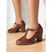halpa 1950-luku-naisten vintage-ruskeat t-ranneke Mary jane -pumput, joissa on brogue-yksityiskohtia – paksut korkokengät toimistoon, retromuotiin ja arkipäivään