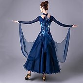 お買い得  競技用ウェア-ボールルームダンス ドレス 刺繍 スプライシング クリスタル / ラインストーン 女性用 性能 訓練 長袖 メッシュ スパンデックス オーガンザ