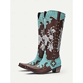 levne Cowboy &amp; Western Boots-dámské tyrkysové a hnědé westernové kovbojské boty z umělé kůže se zdobením a cvočkovými detaily - vysoké boty ke kolenům pro rodeo a festivalové nošení