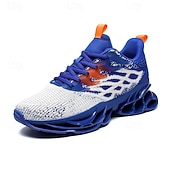 cheap Men's Running Shoes-Men's Blue Athletic Sneakers with Unique Hollow Sole Design, Breathable Knit Upper, and Flame Detail – Lightweight Running Shoes with Orange Accents