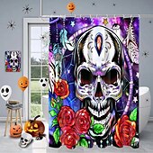 baratos Cortinas de Banho-cortina de chuveiro de halloween com ganchos para banheiro cortina de chuveiro de caveira conjunto de decoração de banheiro poliéster à prova d&#039;água pacote com 12 ganchos de plástico cabeças de