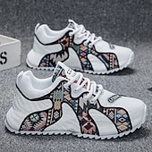 cheap Men&#039;s Sneakers-Men&#039;s White Athletic Sneakers with Tribal Print and Mesh Upper – Lightweight Running Shoes for Sports and Casual Wear