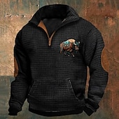 levne Základní mikiny_-Pánské Waffle mikina Mikina Čtvrtletní mikina na zip Černá Námořnická modř Khaki Tmavě šedá Šedá Poloviční zip Grafika Kráva Tisk Slátanina Přední kapsa Čtvrtletní zip Denní Dovolená Jdeme ven Šik