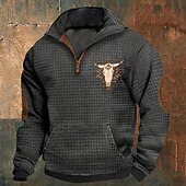 baratos Suéteres básicos-Homens Moletom Waffle Moletom Moletom com zíper Preto Branco Azul Marinha Cáqui Cinzento Escuro Meio Zíper Gráfico Vaca Imprimir Patchwork Bolso frontal Quarter Zip Diário Feriado Para Noite Poliéster