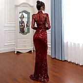 voordelige Zwart-Black Tie Zeemeermin Avondjurk Sequins Glanzende Jurk Formele Vloerlengte Lange Mouwen Illusie Hals Maskerfeest Jurk