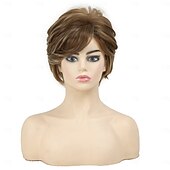 cheap Older Wigs-Brown Curly Pixie Wigs for White Women Short Fluffy White Hair with Bangs Natural Synthetic Heat Resistant Wig