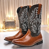 levne Cowboy &amp; Western Boots-pánské dvoubarevné westernové kovbojské boty – vintage styl s vyšívanou stopkou, hnědá a černá umělá kůže, ideální pro rodeo nebo běžné nošení