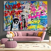tanie Obrazy olejne pop art-Ręcznie wykonane Hang-Malowane obraz olejny Ręcznie malowane Poziomy Kreskówki Sztuka uliczna Klasyczny Nowoczesny Zwinięte płótna