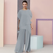 cheap Mom&#039;s Jumpsuits-Two Piece Jumpsuit / Pantsuit Mother of the Bride  Wedding Guest Elegant Plus Size Scoop Neck Floor Length Chiffon Short Sleeve with Solid Color free custom size