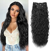 abordables Clip dans les extensions-Bouclé Clips Cheveux Synthétiques Longue Extension des cheveux A Clipser 4 pièces Résistant à la chaleur Femme