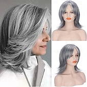 abordables peluca vieja-Peluca en capas de color gris plateado con flequillo de cortina para mujer, peluca sintética de color gris claro con mechas ombré, peluca bob con corte pixie corto, peluca ondulada en capas para mujer