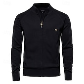 cheap Men&#039;s Elite Sweaters &amp; Cardigans-Men&#039;s Cardigan Sweater Ribbed Cable Knit Jacquard Zipper Solid Color Turndown Knitwear Neutral Outdoor Causal Clothing Apparel T-shirt Sleeve Winter Spring &amp;  Fall Black Navy Blue S M L