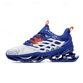 cheap Men's Running Shoes-Men's Blue Athletic Sneakers with Unique Hollow Sole Design, Breathable Knit Upper, and Flame Detail – Lightweight Running Shoes with Orange Accents