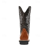 levne Cowboy &amp; Western Boots-pánské dvoubarevné westernové kovbojské boty – vintage styl s vyšívanou stopkou, hnědá a černá umělá kůže, ideální pro rodeo nebo běžné nošení