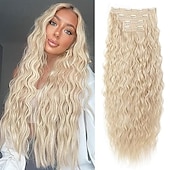 abordables Clip dans les extensions-Bouclé Clips Cheveux Synthétiques Longue Extension des cheveux A Clipser 4 pièces Résistant à la chaleur Femme