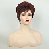 cheap Older Wigs-Red Brown Curly Pixie Wigs for White Women Short Fluffy White Hair with Bangs Natural Synthetic Heat Resistant Wig