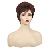 cheap Older Wigs-Red Brown Curly Pixie Wigs for White Women Short Fluffy White Hair with Bangs Natural Synthetic Heat Resistant Wig