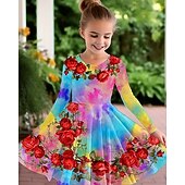 halpa 3D-kukkamekko-Pääsiäinen Tyttöjen 3D Ruusu Kuvitettu Mekko Pitkähihainen Kesä Kevät Loma Päivittäin Pyhäpäivä Prinsessa Kaunis Makea Lapset 4-12 vuotta Rento mekko A linjainen mekko Polvipituinen Normaali
