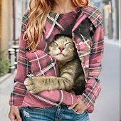 economico Felpe con cappuccio e felpe-felpa da donna a quadri gatto strada abbigliamento quotidiano stampa casual girocollo manica lunga microelastico autunno inverno confortevole traspirante tessuto morbido