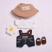 billiga Dockkläder och tillbehörsset-Dockkläder set 7 tum/17 cm ForLabubu mjuk docka kläder hatt topp byxor tillbehör 5-delat set dockklädning hatt jeans byxor röd skjorta (UTAN docka)