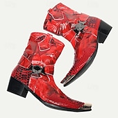 cheap Premium Leather Boots-Men&#039;s Red Premium Cowhide Motorcycle Boots with Snake Pattern, Metal Toe Cap, and Western Style – Perfect for Riding and Outdoor Adventures