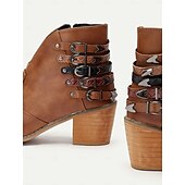 tanie Buty do kostki-brązowe botki damskie z detalami w postaci wielu klamer, obcasem w kształcie słupka i stylem western - idealne na niezobowiązujące wyjścia i na co dzień