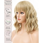 levne Syntetické trendy paruky-blond paruka krátká bob blond paruka s ofinou vlnité kudrnaté bob paruky pro bílé ženy tepelně odolná syntetická barevná cosplay paruka