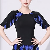 お買い得  トップとセット-ラテンダンス 上着 捺染 ラッフル スプライシング 女性用 性能 訓練 ハーフスリーブ ハイウエスト ポリエステル