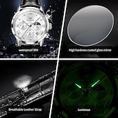 abordables Montres à quartz-Montre en Quartz pour Hommes OLEVS Montre de Mode Décontractée avec Phase de Lune Calendrier Lumineux Chronographe Montre en Cuir