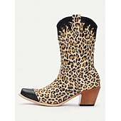 levne Cowboy &amp; Western Boots-dámské westernové kovbojské boty s leopardím vzorem s černými akcenty z umělé kůže – špičatá špička a blokový podpatek, ideální pro odvážné módní výrazy a běžné nošení